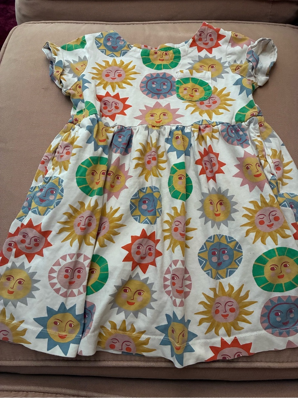 Mini Boden Girls Dress Sun Face Print Short Sleeve Size 5-6Y